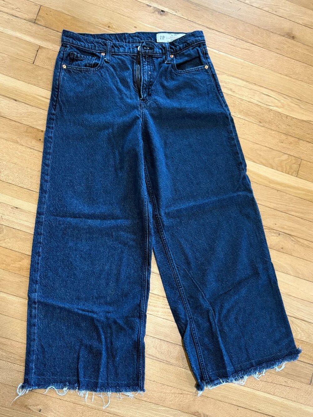 Gap Baggy Mid Rise Jeans Wide Leg Raw Hem Dark Wash 29 / 8 Tall